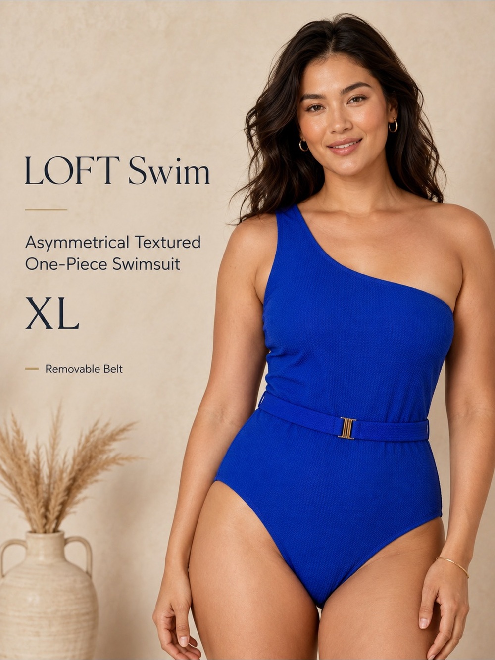 LOFT One-Shoulder Royal Blue Textured One-Piece Swimsuit with Belt